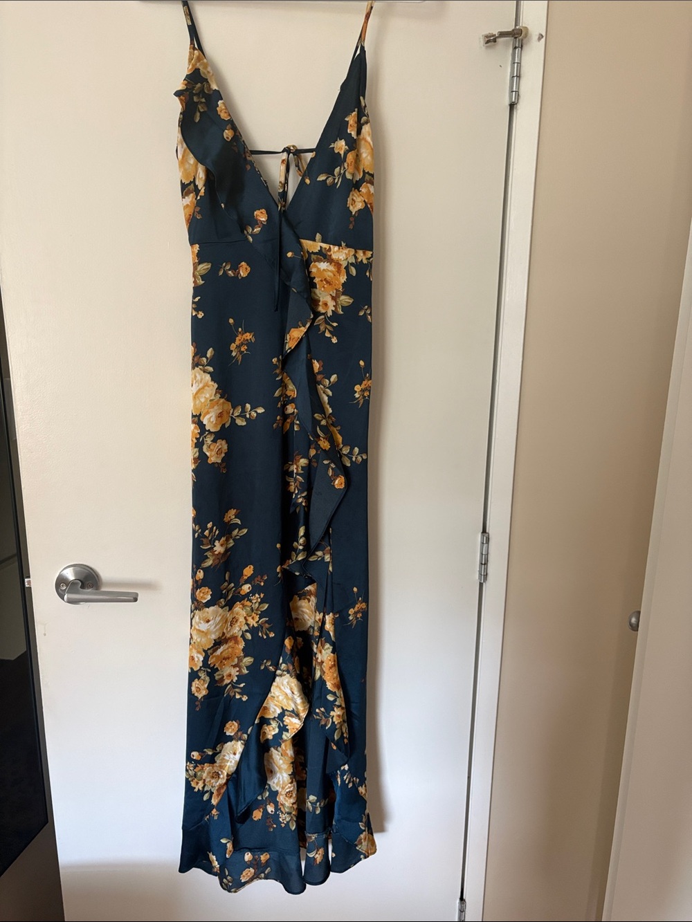 Navy Floral Ruffle Midi Dress